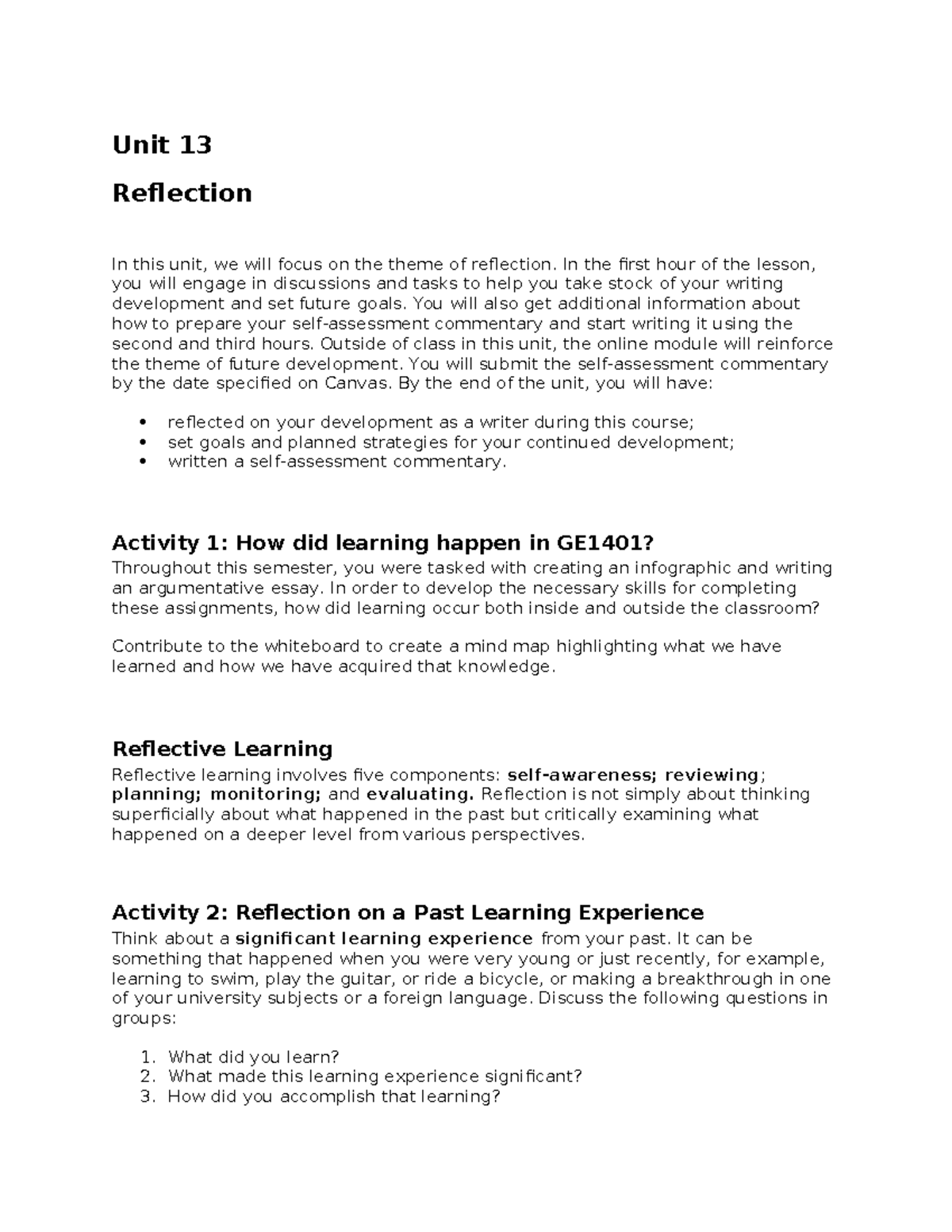 GE1401+Lesson+13+Reflection - Unit 13 Reflection In this unit, we will ...