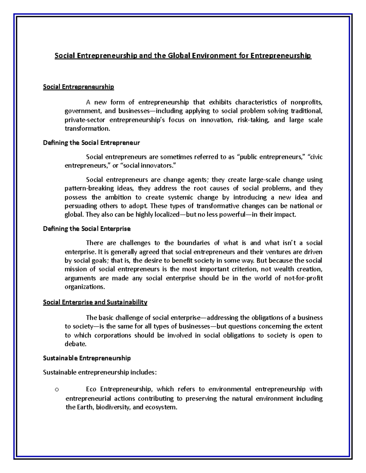 Social Entrepreneurship and the Global Environment for Entrepreneurship ...