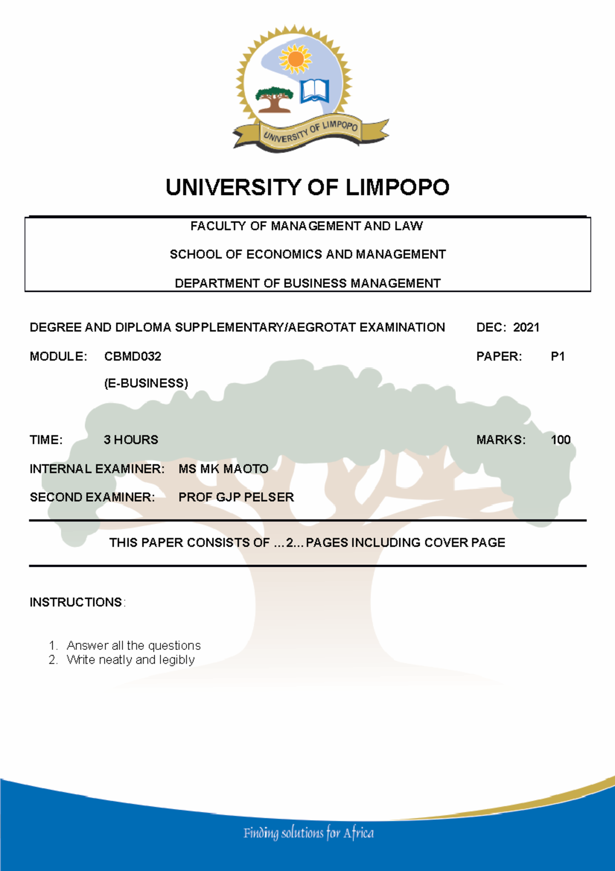 E Business SUPP 2021 Example question paper - UNIVERSITY OF LIMPOPO ...