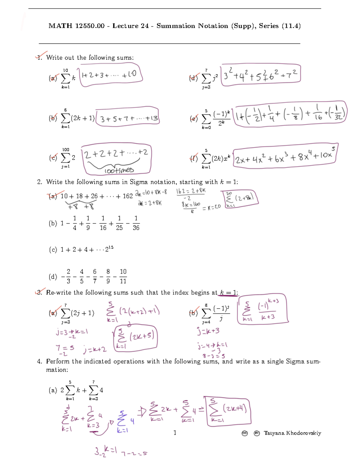 Summation notation worksheet - MATH 12550 - Lecture 24 - Summation ...