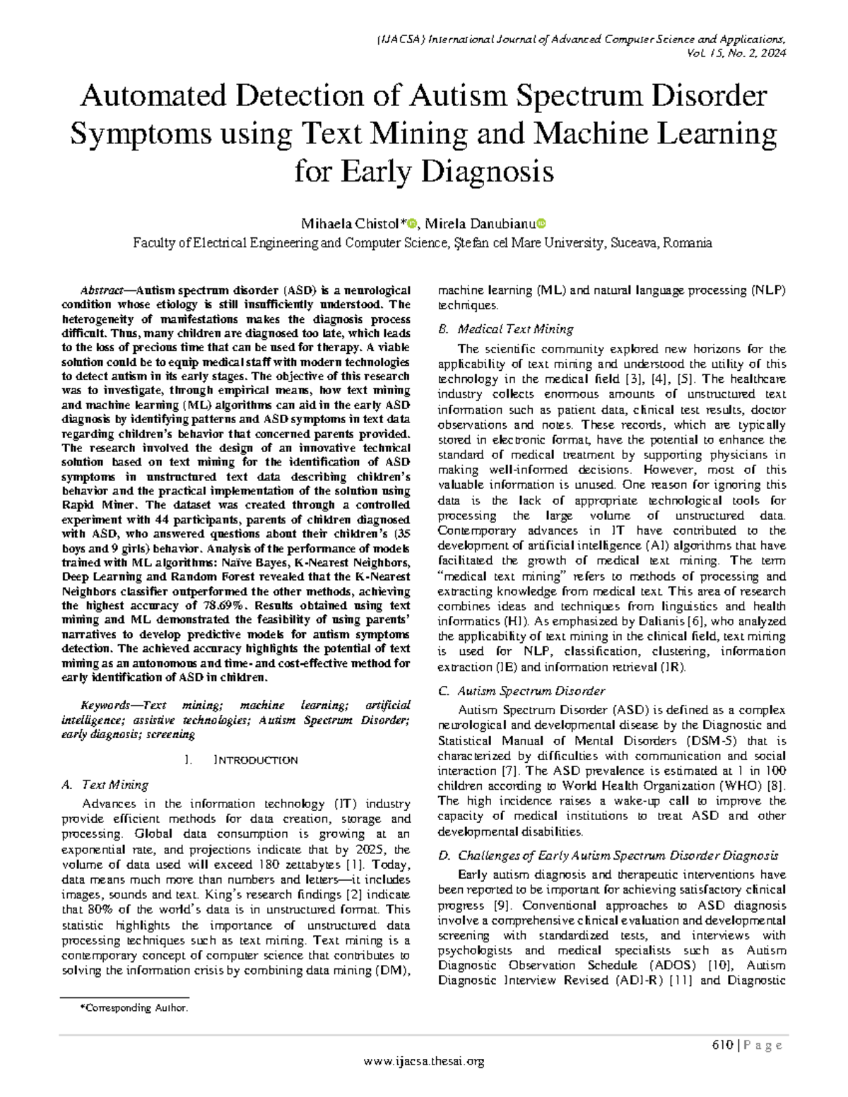 Automated Detection of Autism - Vol. 15, No. 2, 2024 610 | P a g e ...