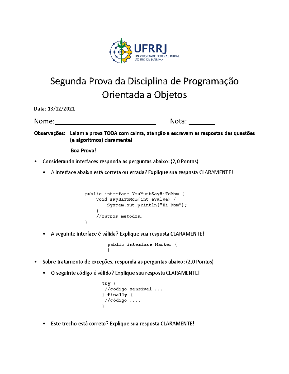 P2 2021 3 - Programação Orientada a Objetos - Segunda Prova da ...