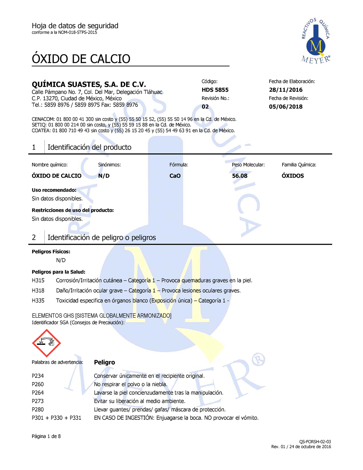 Oxido De Calcio Pag Hojas De Seguridad Conforme A La Nom Stps Xido De Calcio P Gina