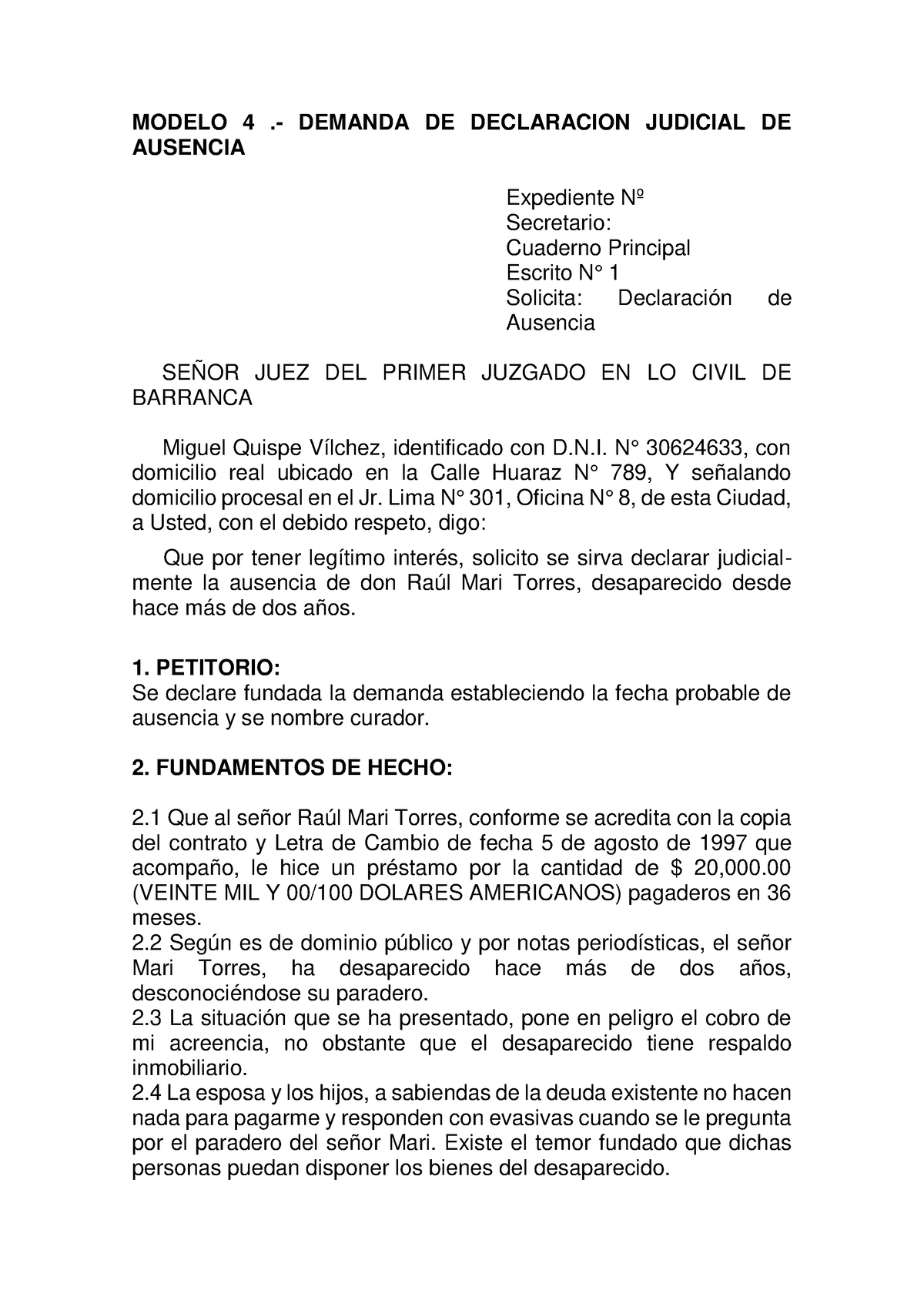 Modelo 4 - MODELO 4 .- DEMANDA DE DECLARACION JUDICIAL DE AUSENCIA ...