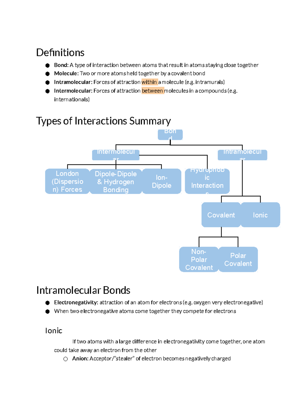 1-Bonding - Notes - Definitions Bond: A type of interaction between ...