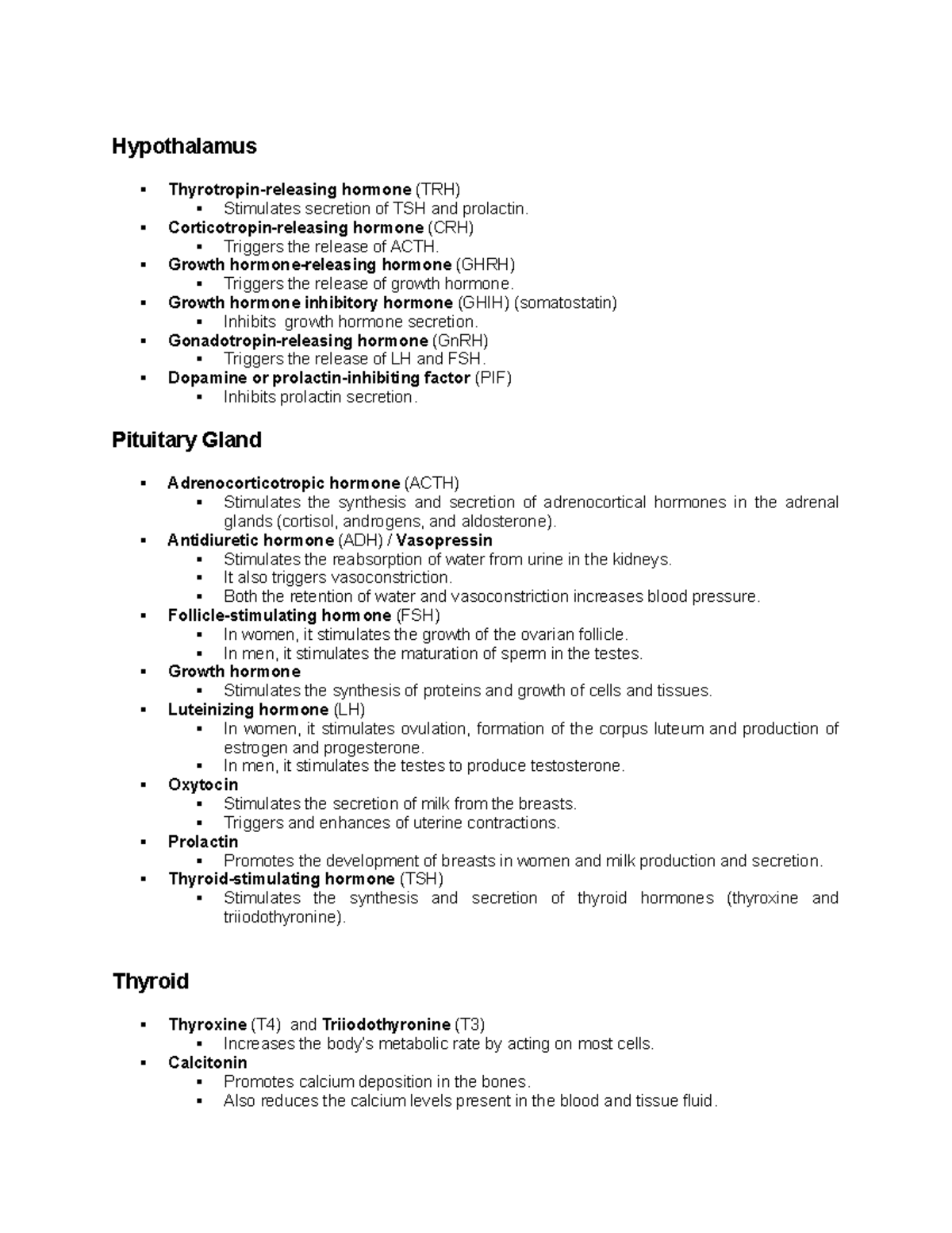 Endocrinology Hormone Cheat Sheet Hypothalamus Thyrotropin Releasing Hormone Trh Stimulates 0230