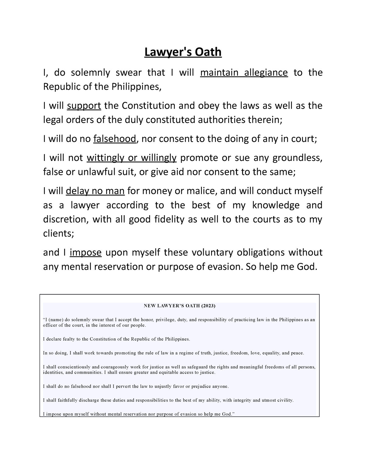 Lawyer oath [old and new] - Lawyer's Oath I, do solemnly swear that I ...