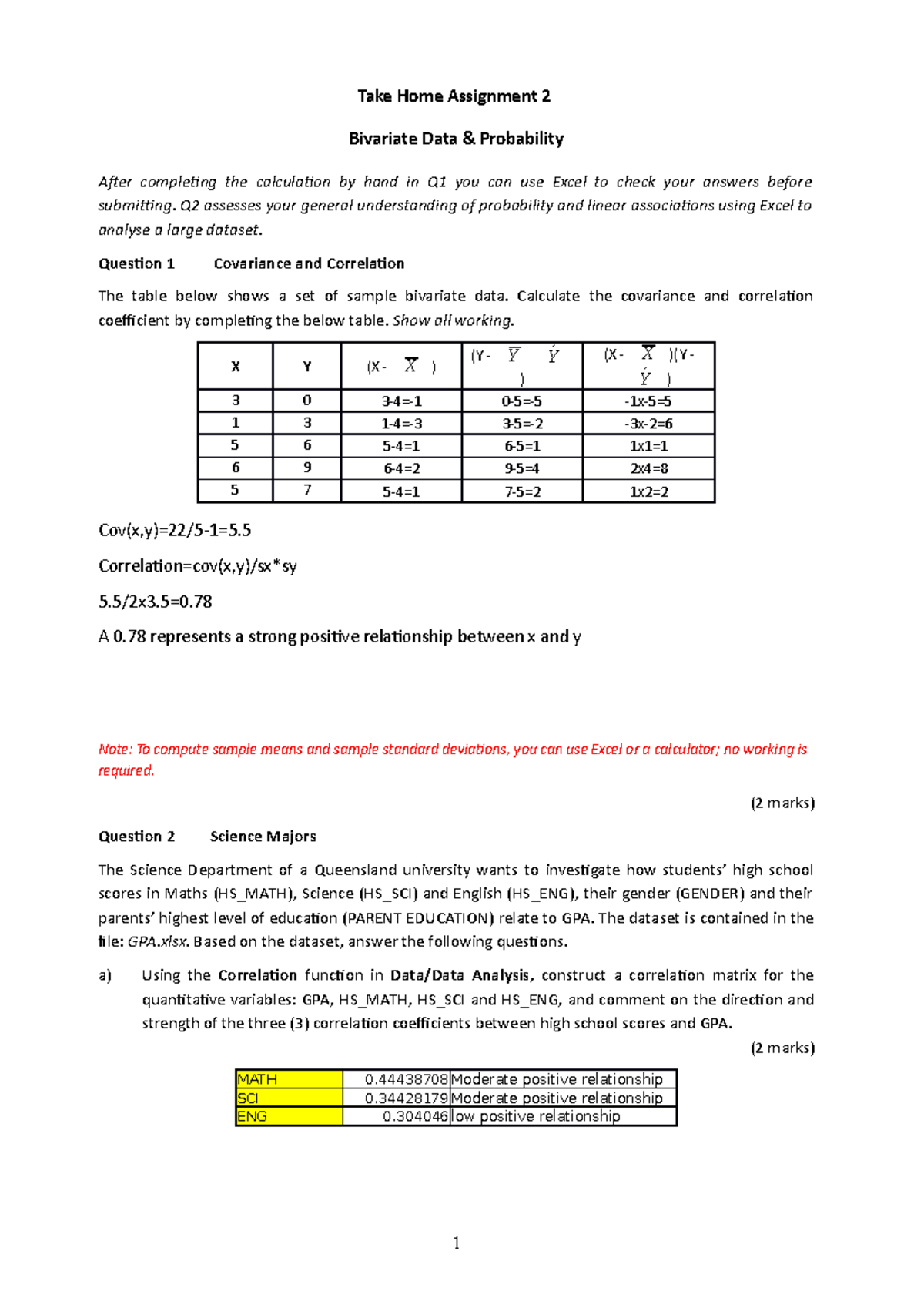 BSB123 THA 2 Bivariate Data & Probability - Take Home Assignment 2 ...