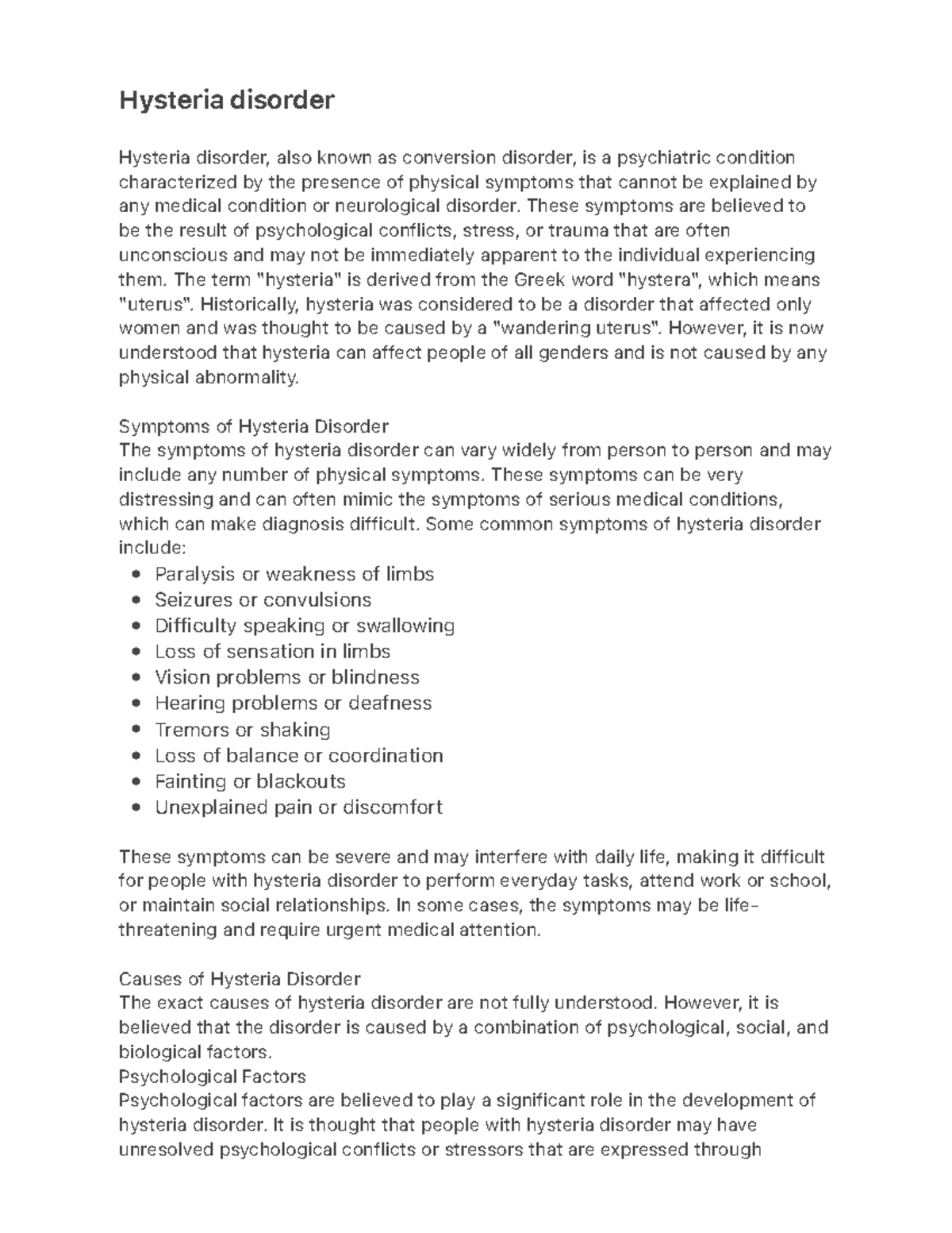 Hysteria disorder notes Hysteria disorder Hysteria disorder, also