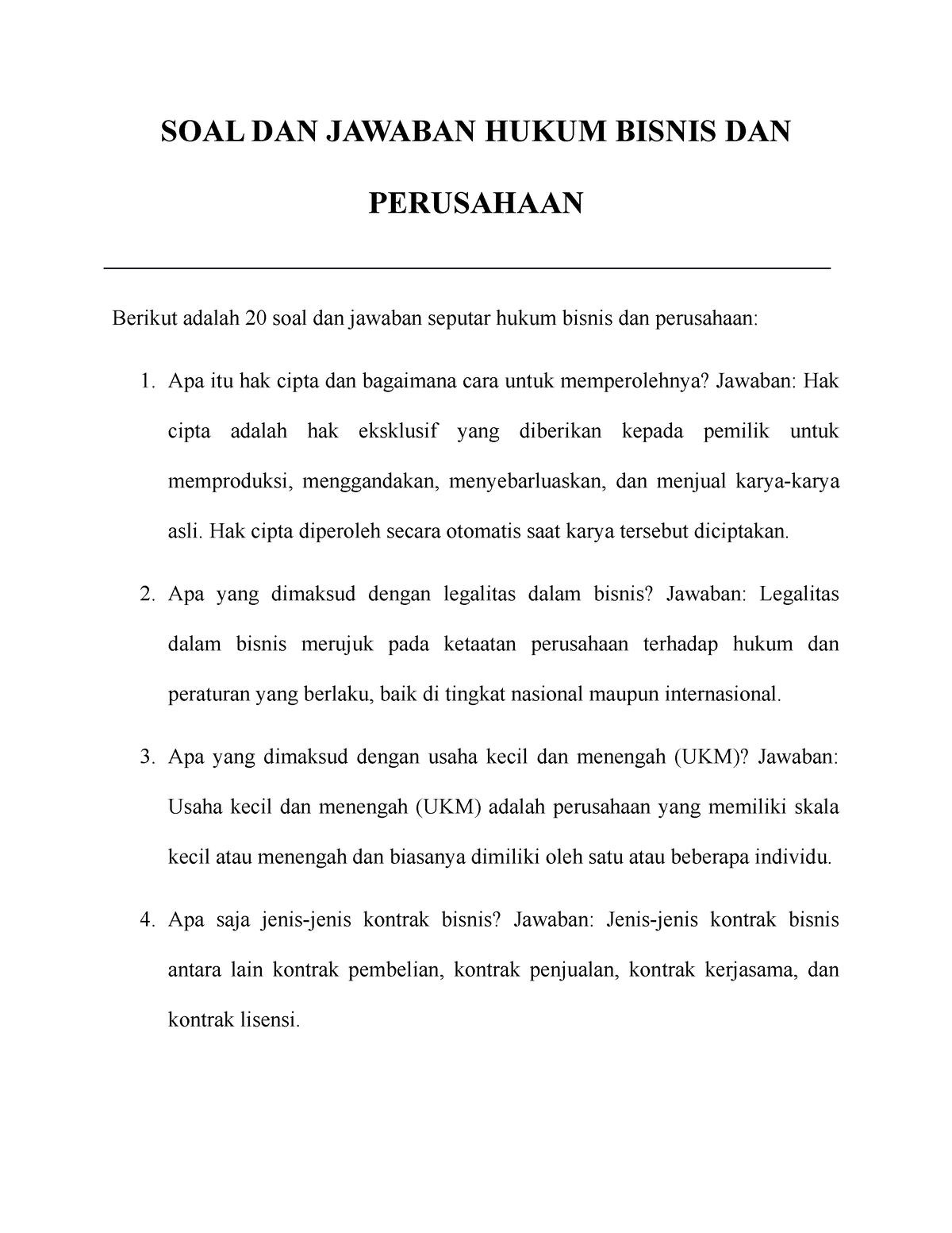 SOAL DAN Jawaban Hukum Bisnis DAN Perusahaan - SOAL DAN JAWABAN HUKUM ...