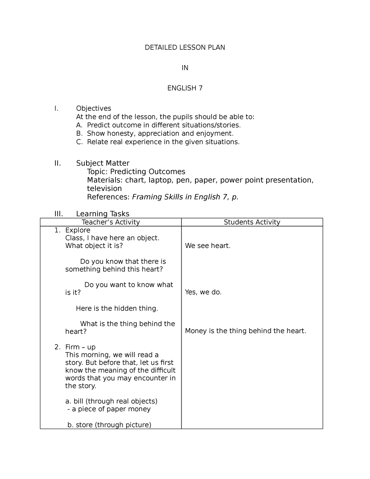 Finaldemo Predictingoutcome - DETAILED LESSON PLAN IN ENGLISH 7 I ...