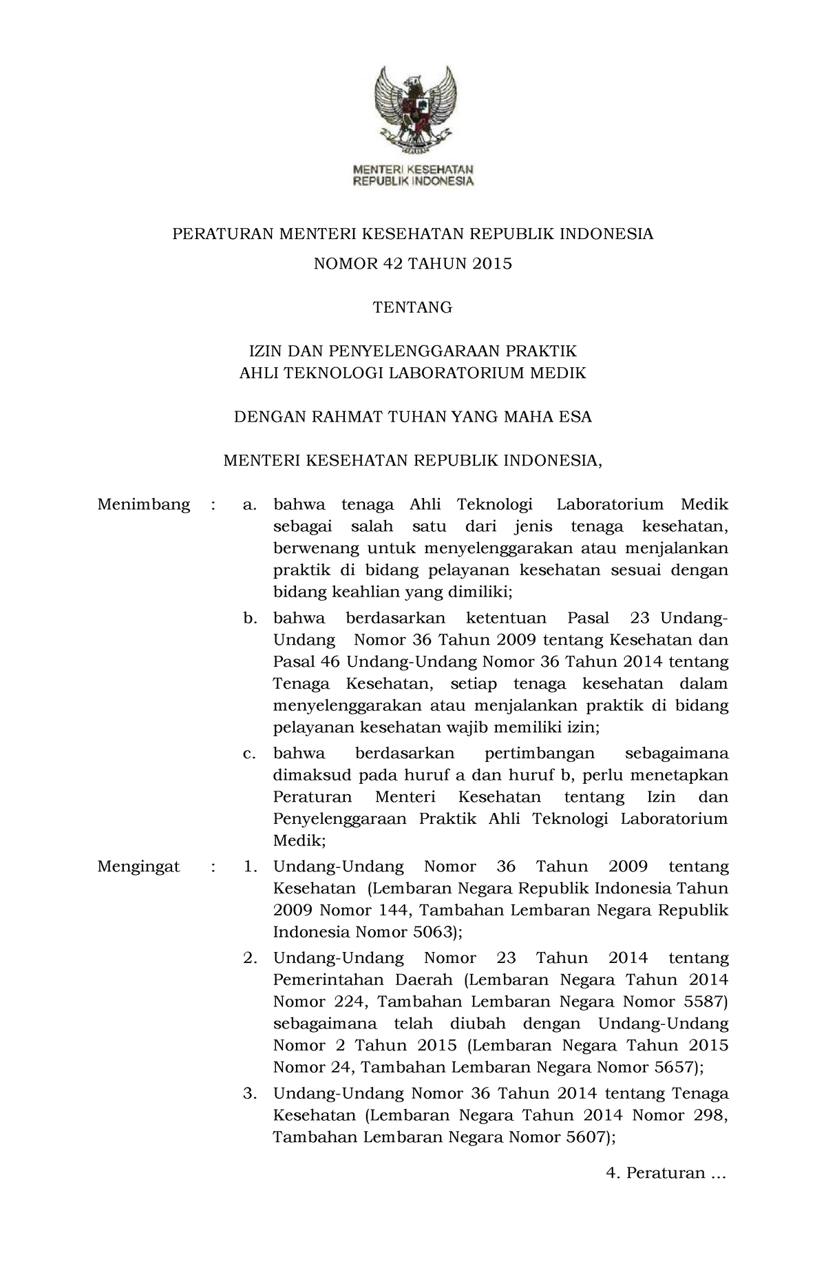 Permenkes Nomor 42 Tahun 2015 - PERATURAN MENTERI KESEHATAN REPUBLIK ...