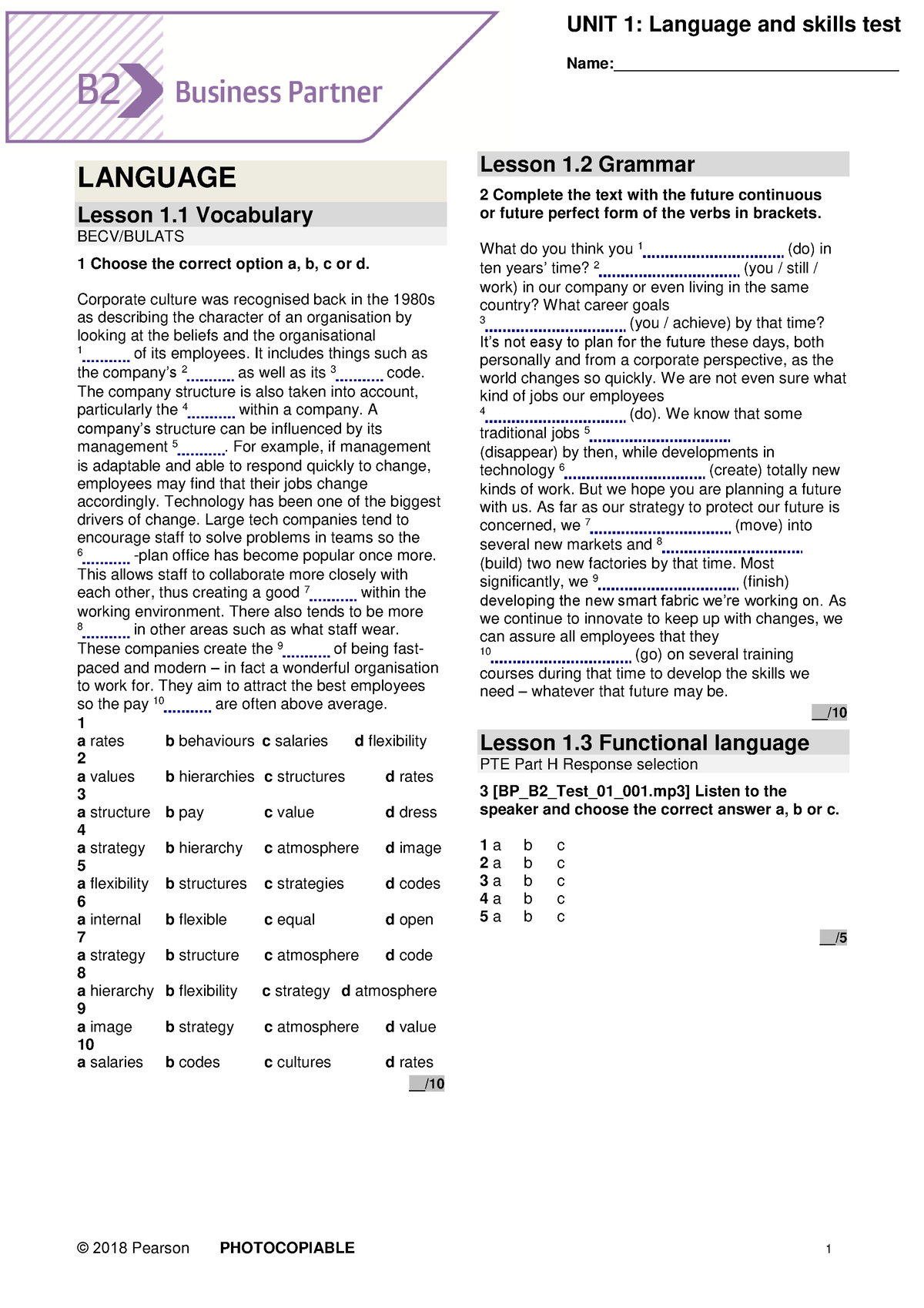 BP B2 Tests Unit1 - Homework For Unit 1 - © 2018 Pearson PHOTOCOPIABLE ...