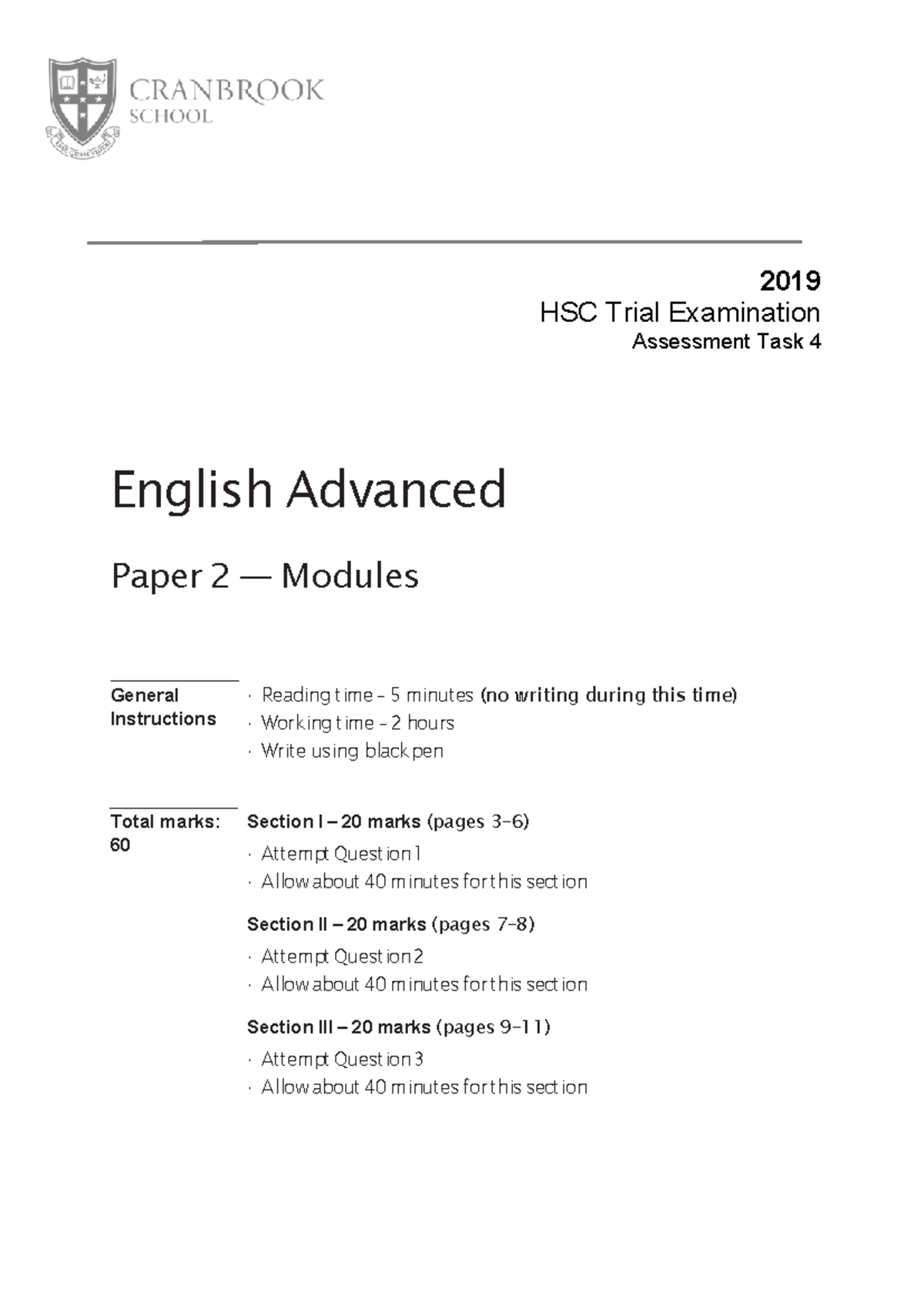 Cranbrook 2019 English Trial Paper 2 Advanced - 2019 HSC Trial ...