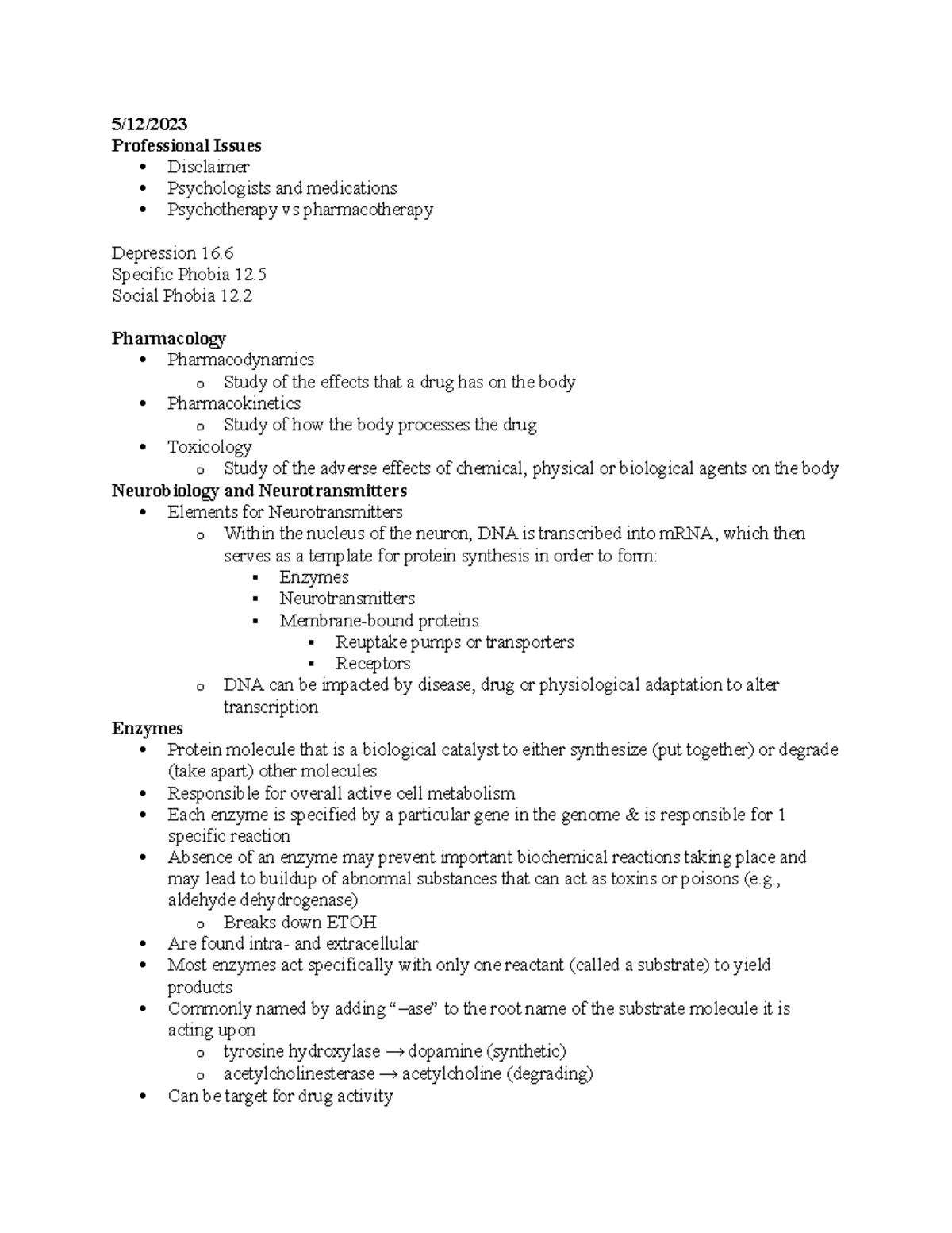 Psychopharmacology Notes 1 - 5/12/ Professional Issues Disclaimer ...