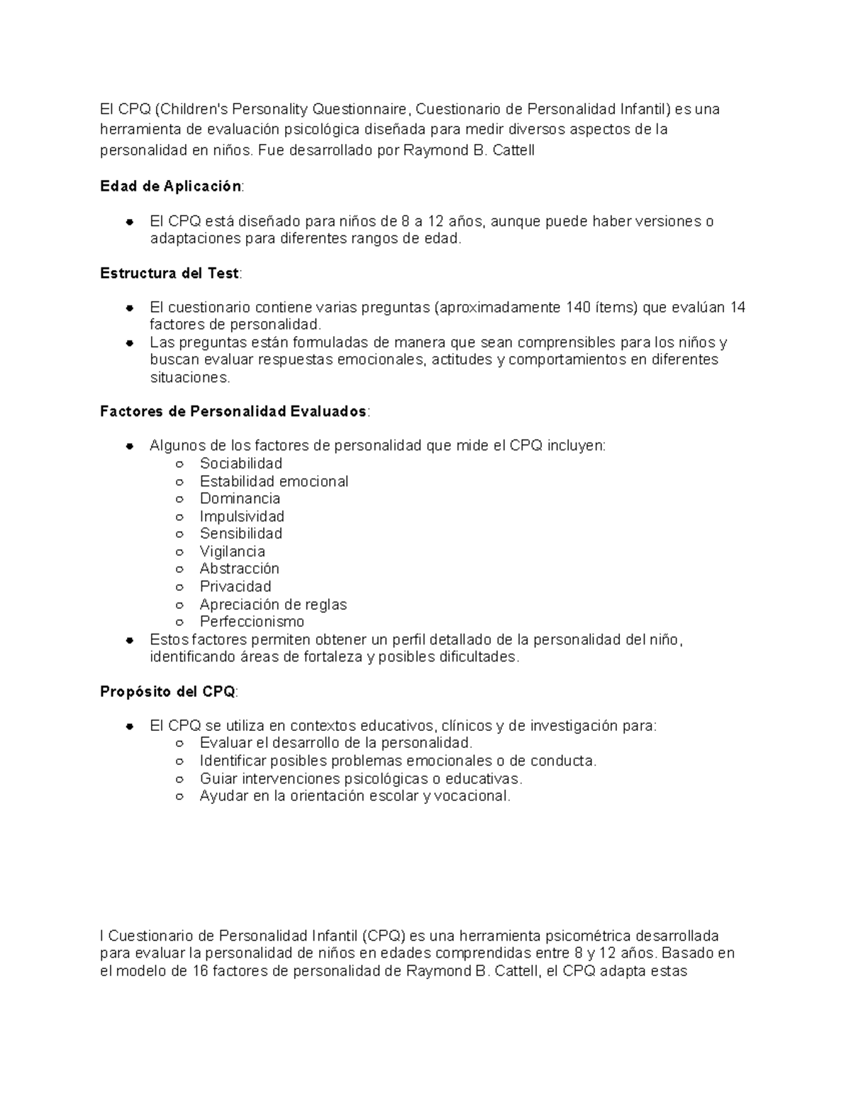 pruebas psicologicas - El CPQ (Children's Personality Questionnaire ...