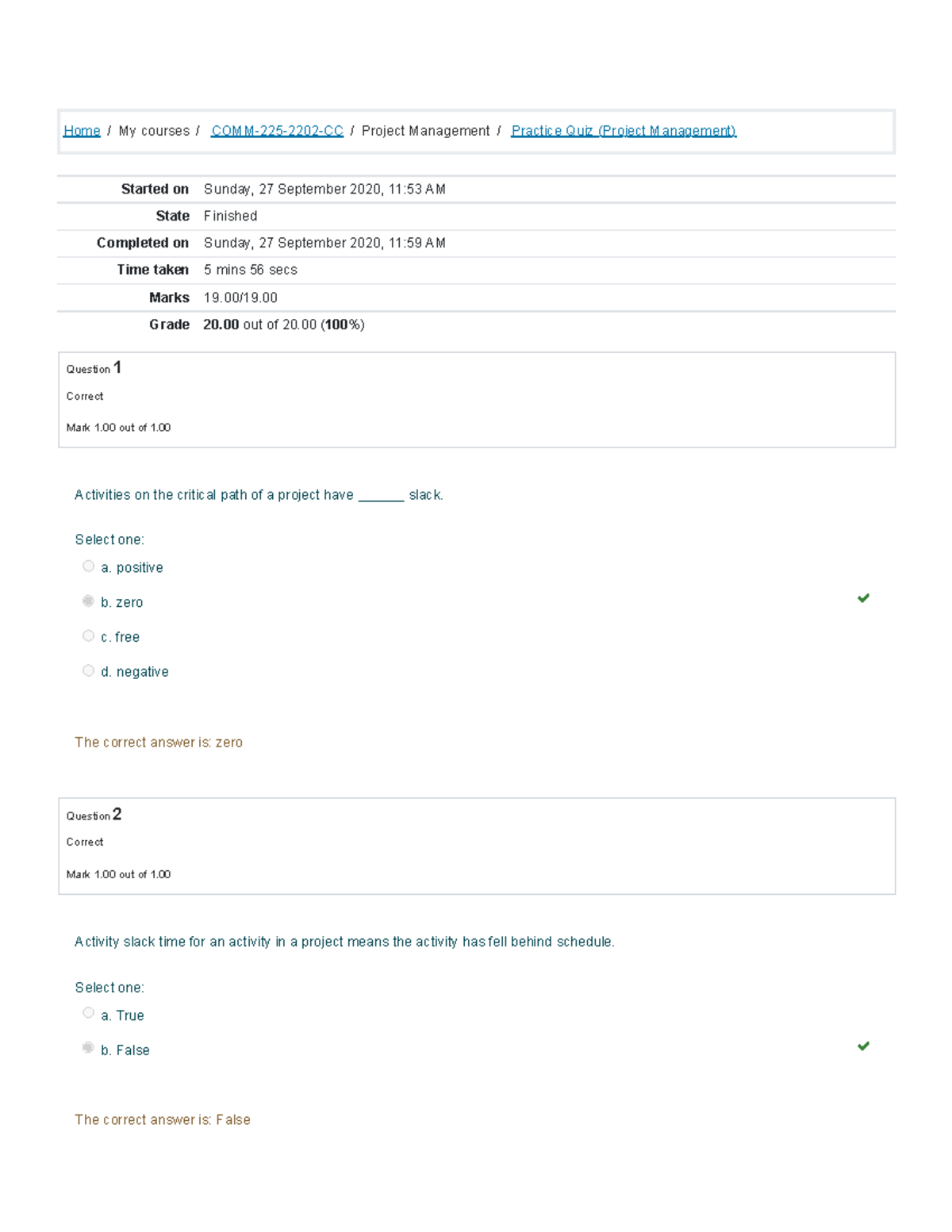 Practice Quiz (Project Management) COMM 225 - Home/My courses/ COMM-225 ...