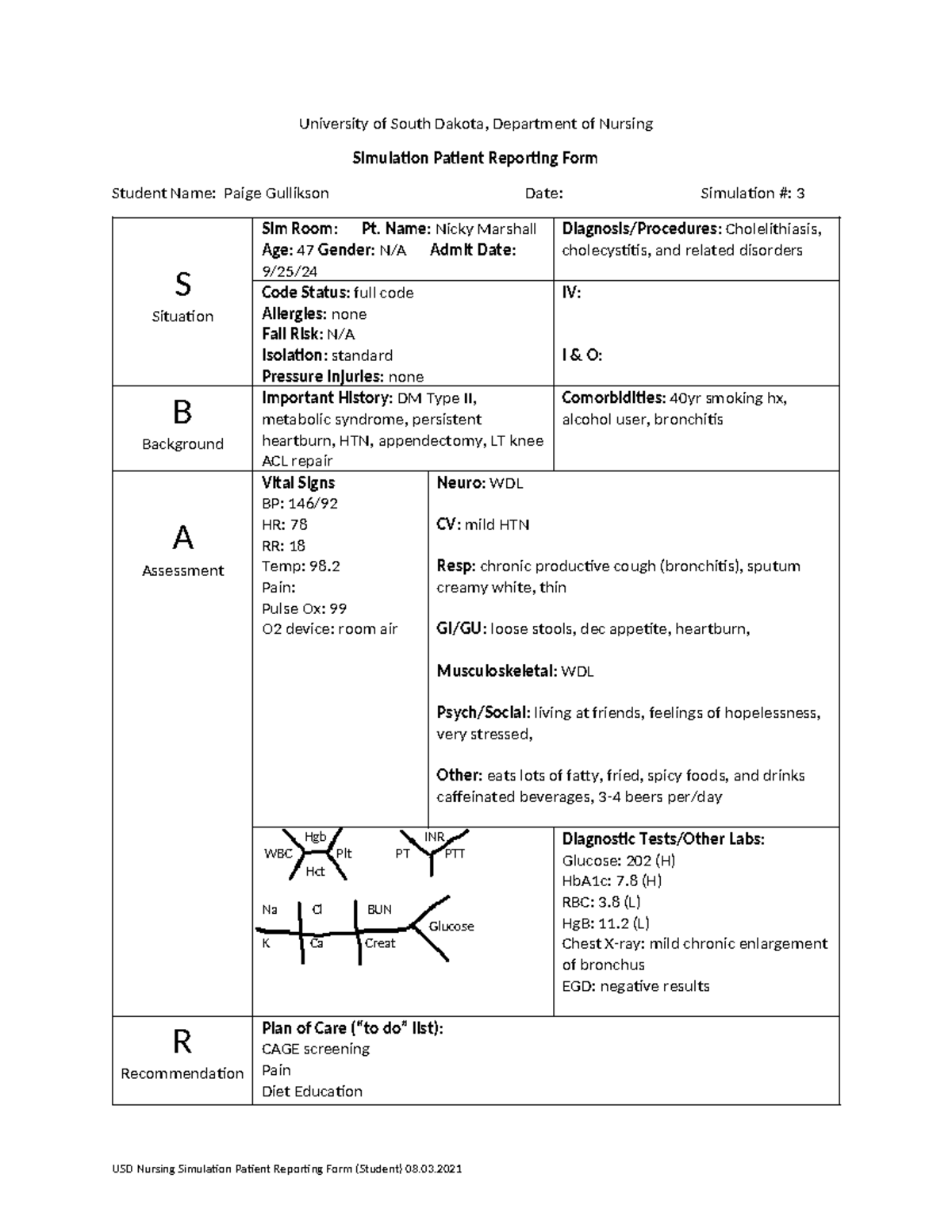 Sim 2.1 Digestion Patient Report Form - University of South Dakota ...