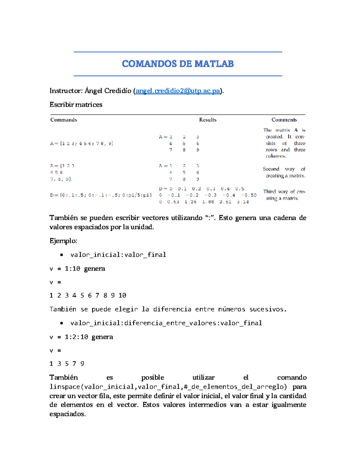 Comandos Matlab - calculus for intermadate in enggnierr for comp ...