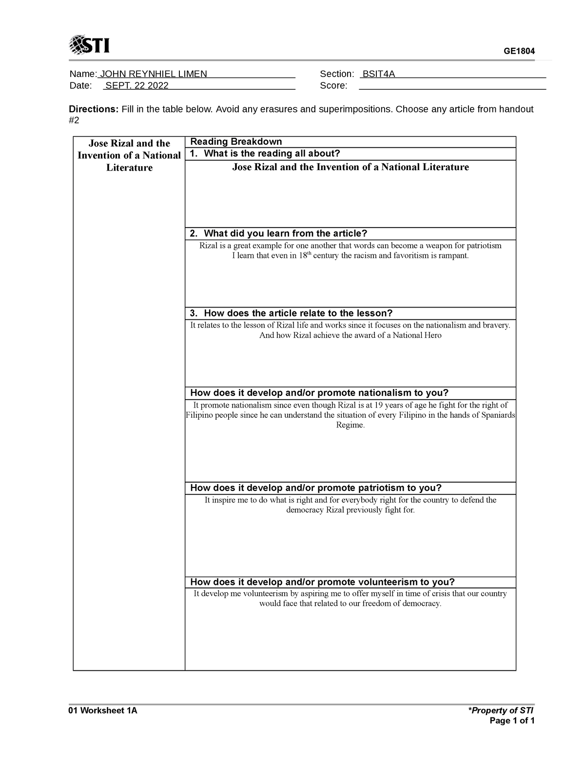 01 Worksheet - none - GE Name: JOHN REYNHIEL LIMEN Section: BSIT4A Date ...