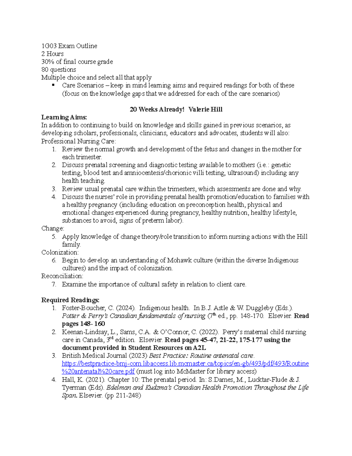 1G03 Exam Outline - Summary Clinical Preparation - 1G03 Exam Outline 2 ...