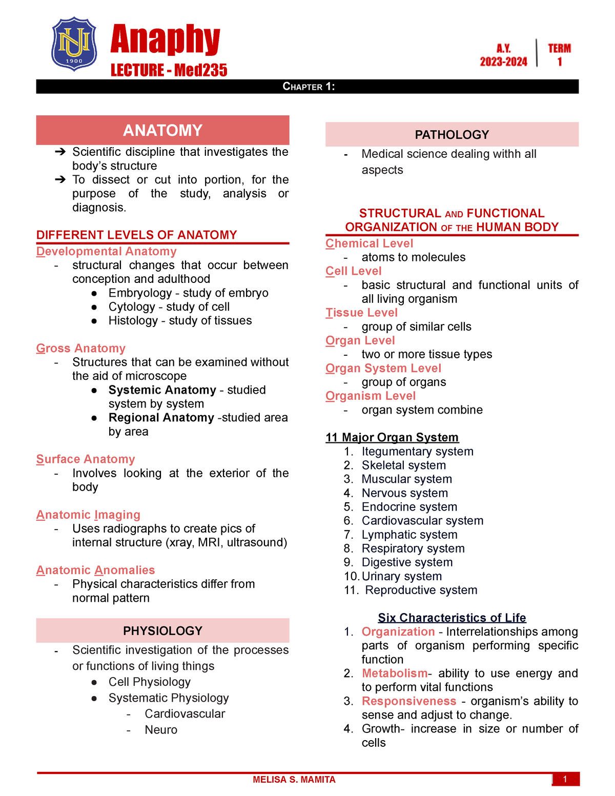 Chapter 1- ANAPHY - Anaphy LECTURE - Med CHAPTER 1: ANATOMY Scientific ...