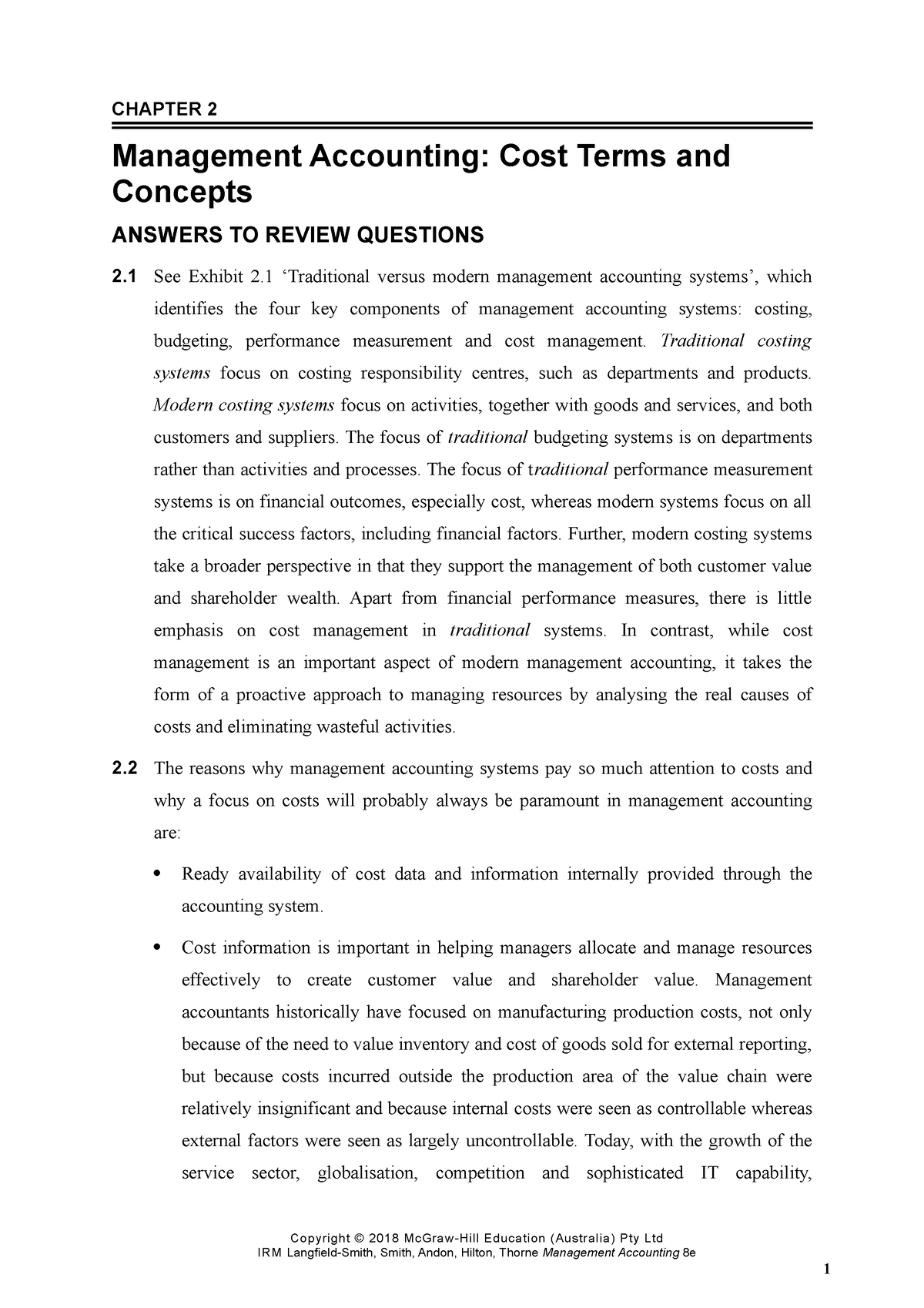 Langfield Smith 8e IRM Ch02 - CHAPTER 2 Management Accounting: Cost ...