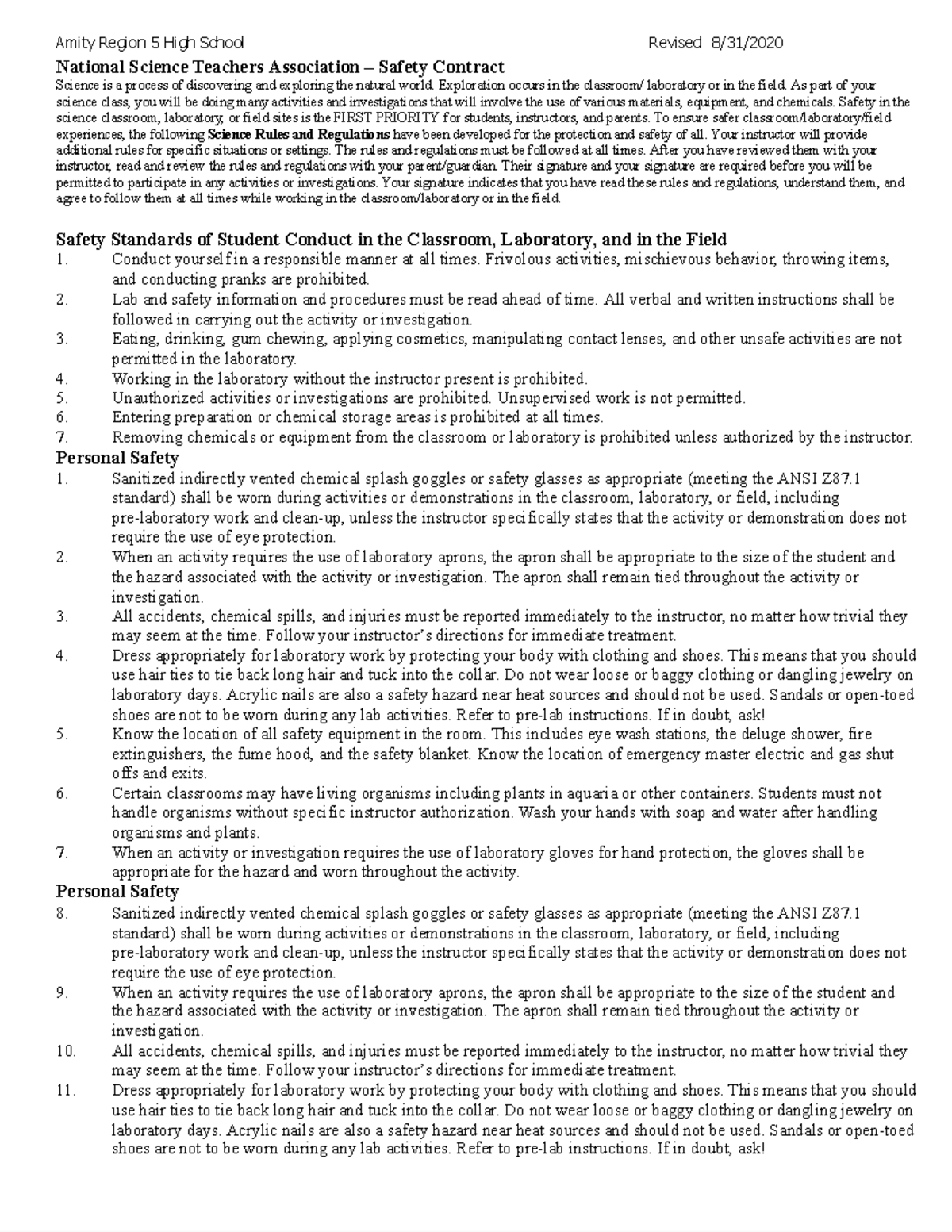 NSTA safety contract 2020 Google Docs Amity Region 5 High School
