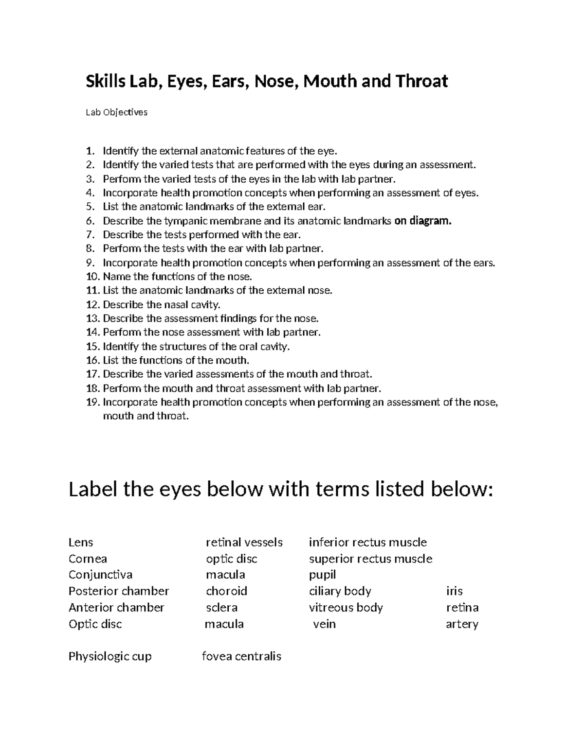 Lab Objectives and anatomy charts for eye, ear, mouth and throat ...