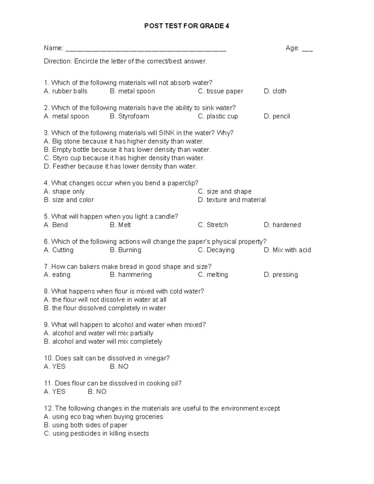 Diagnostic TEST FOR Grade 4 - Name ...