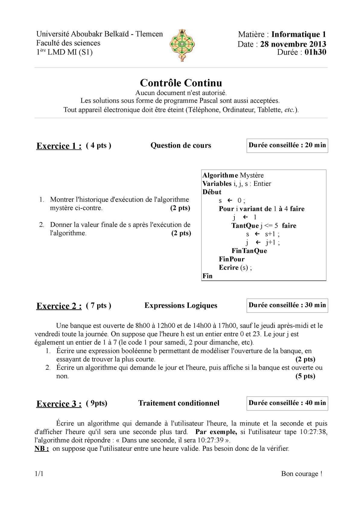 Algorithmique Control Corrige S1 Mi 2013 - Université Aboubakr Belkaïd ...