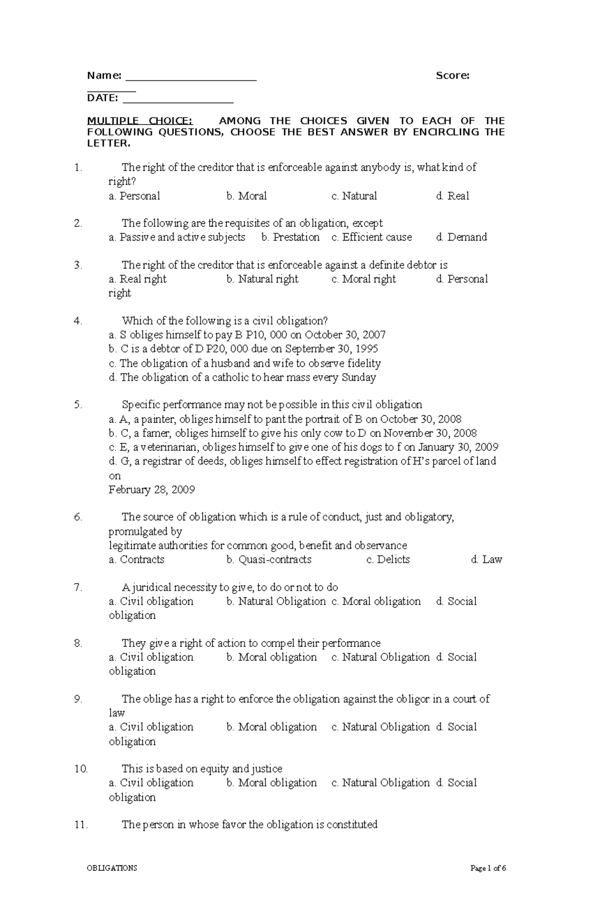 Law on Olbligations and contracts-1 Quiz-1 - **Name ...