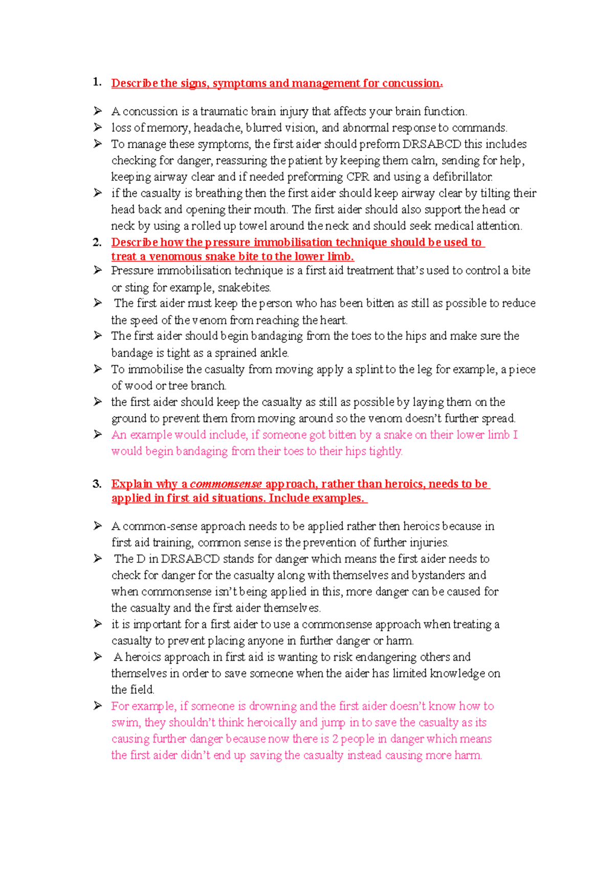 First aid notes - very good - Describe the signs, symptoms and ...
