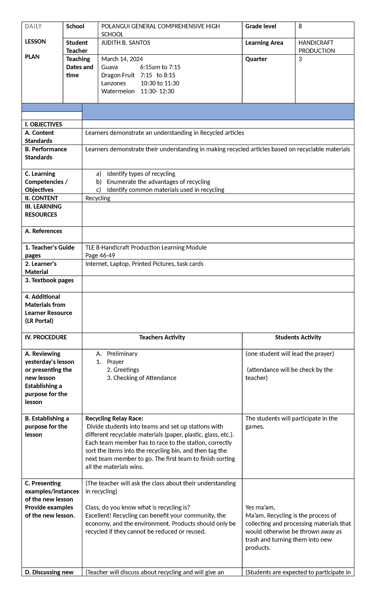 Recyling LP - DAILY LESSON PLAN School POLANGUI GENERAL COMPREHENSIVE ...