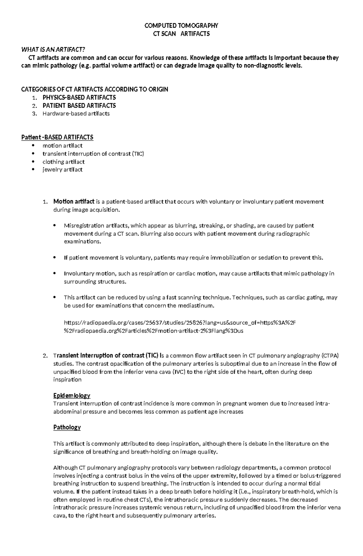 Handout CT Artifact - Copy - COMPUTED TOMOGRAPHY CT SCAN ARTIFACTS WHAT ...