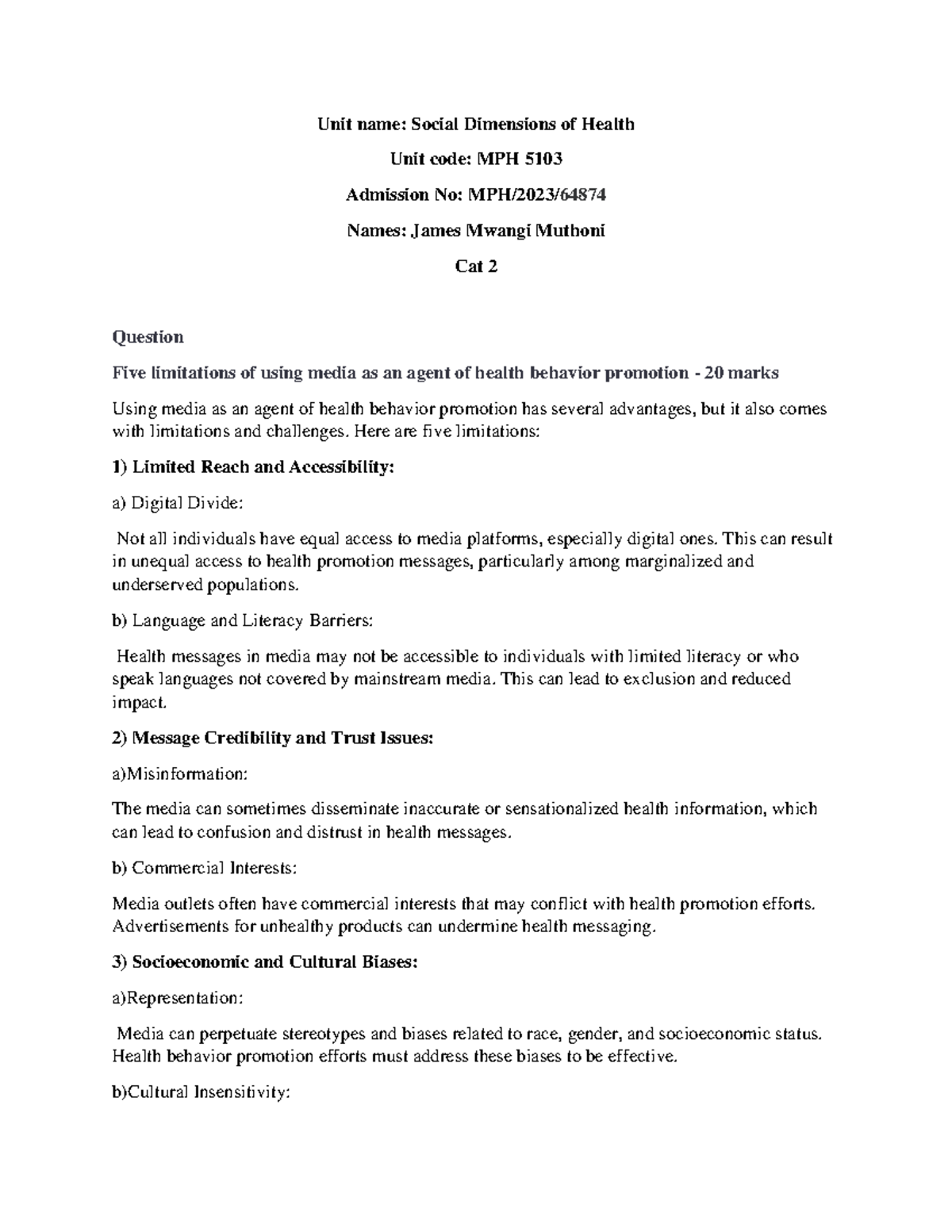 Cat 2 social dimentions of Health - Unit name: Social Dimensions of ...