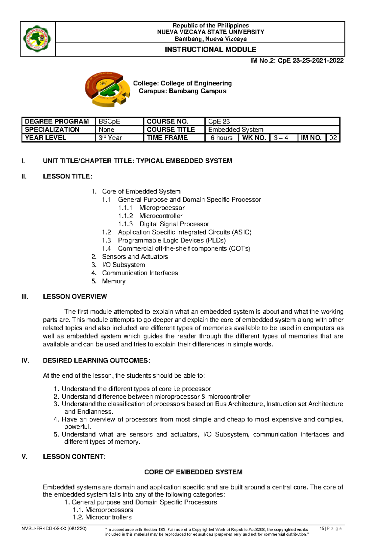 Typical Embedded System - NUEVA VIZCAYA STATE UNIVERSITY Bambang, Nueva ...
