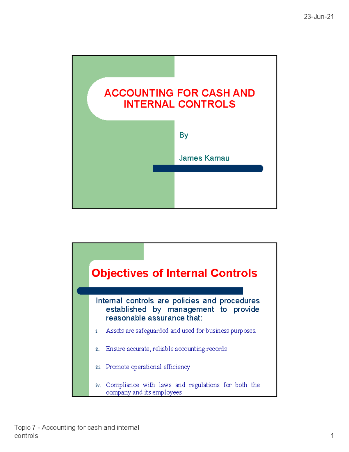 Topic 7 Accounting for cash and internal controls Topic 7
