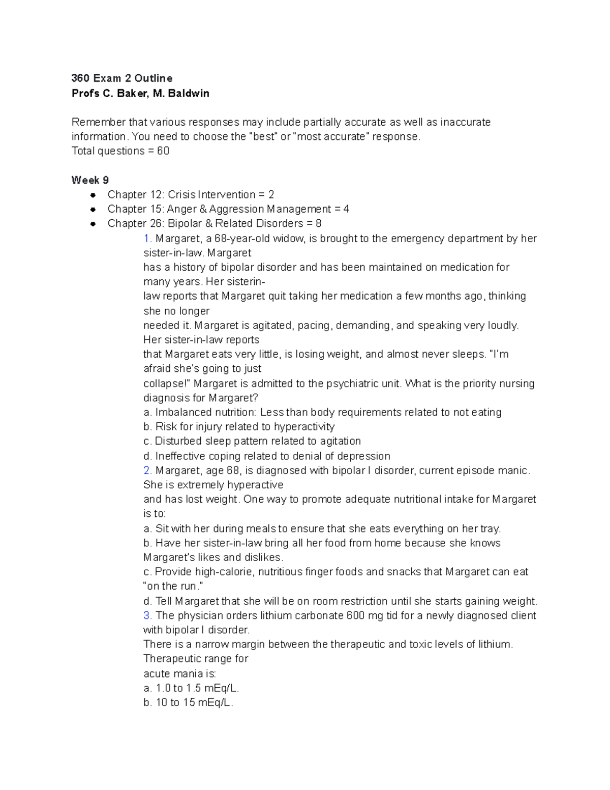 Psych study guide - NA - 360 Exam 2 Outline Profs C. Baker, M. Baldwin ...