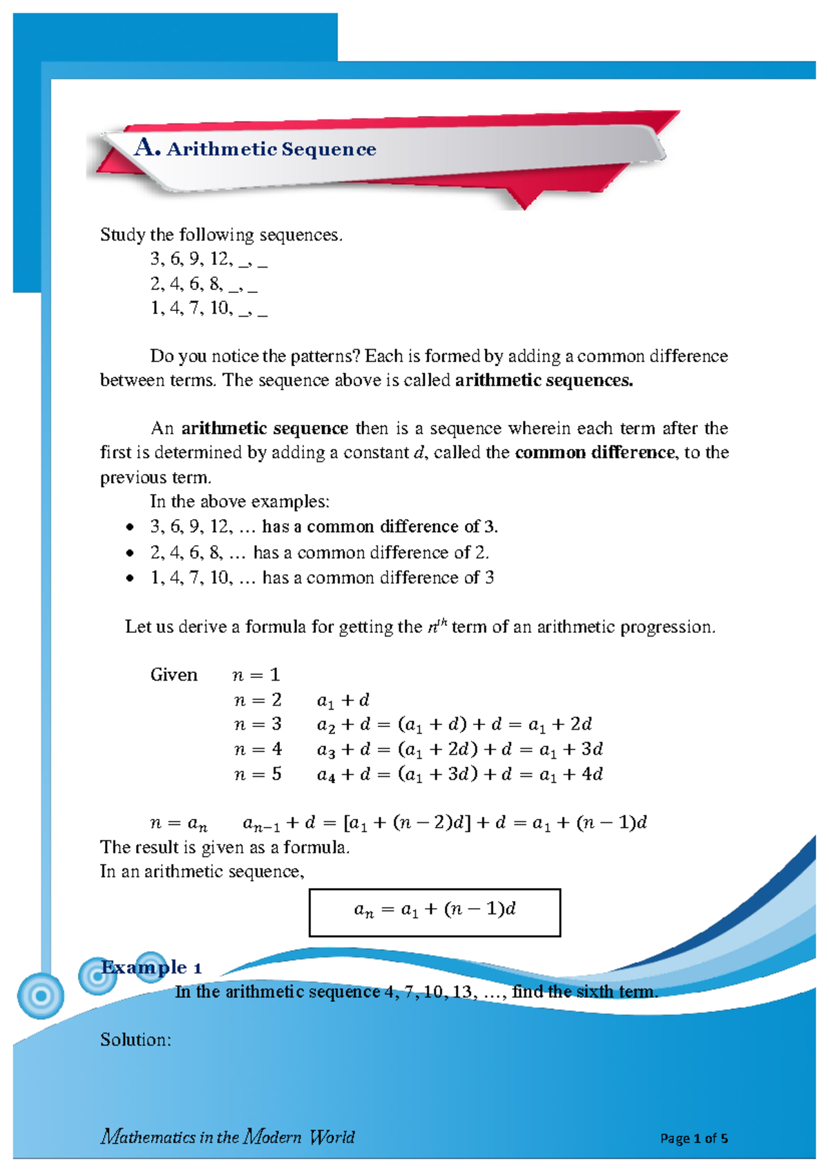 Arithmetic Sequence-1 - A. Arithmetic Sequence Study the following ...