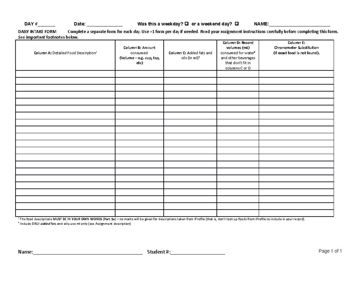 F23 Dietary Intake Form - Daily Intake Form Complete A Separate Form 