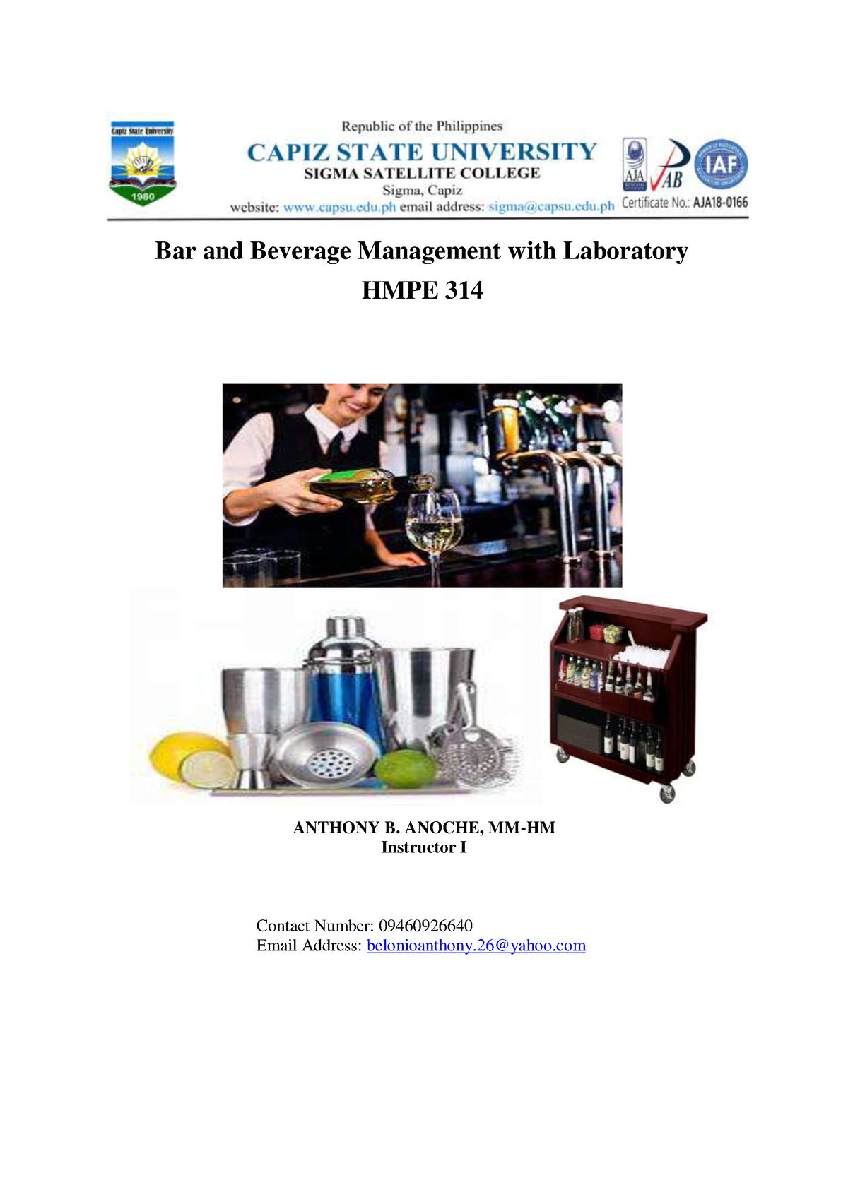 Bar And Beverage Management With Laborat - ANOCHE, MM-HM Instructor I ...