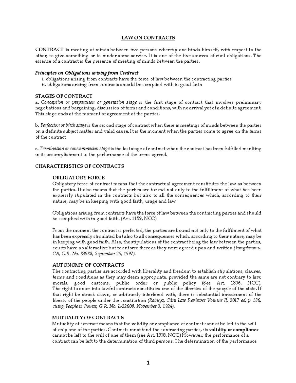 LAW ON Contracts Summary - LAW ON CONTRACTS CONTRACT is meeting of ...