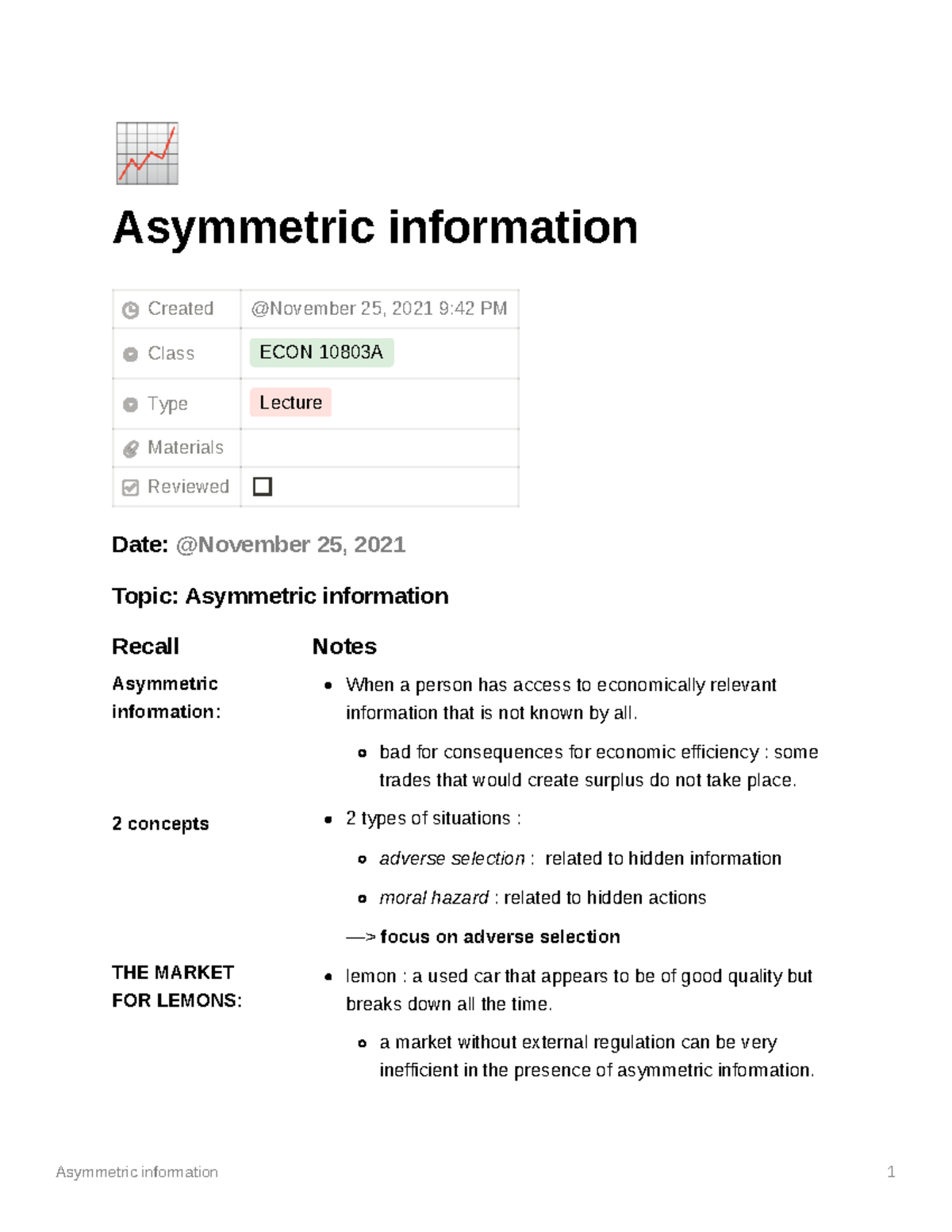 Lesson 11 - notes - μ Asymmetric information Created Class ECON 10803A ...