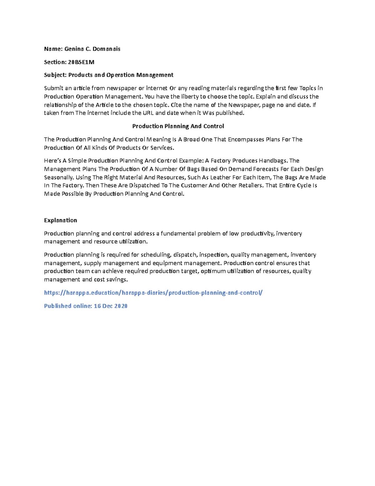 Assignment in Production and operation management - Name: Genina C ...