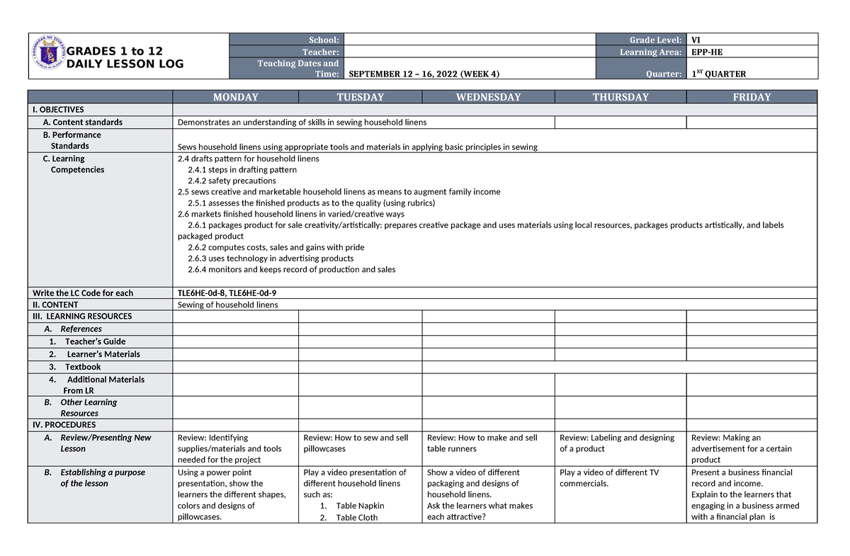 DLL EPP 6 Q1 W4 - DLL EPP 6 Q1 W4 - GRADES 1 To 12 DAILY LESSON LOG ...