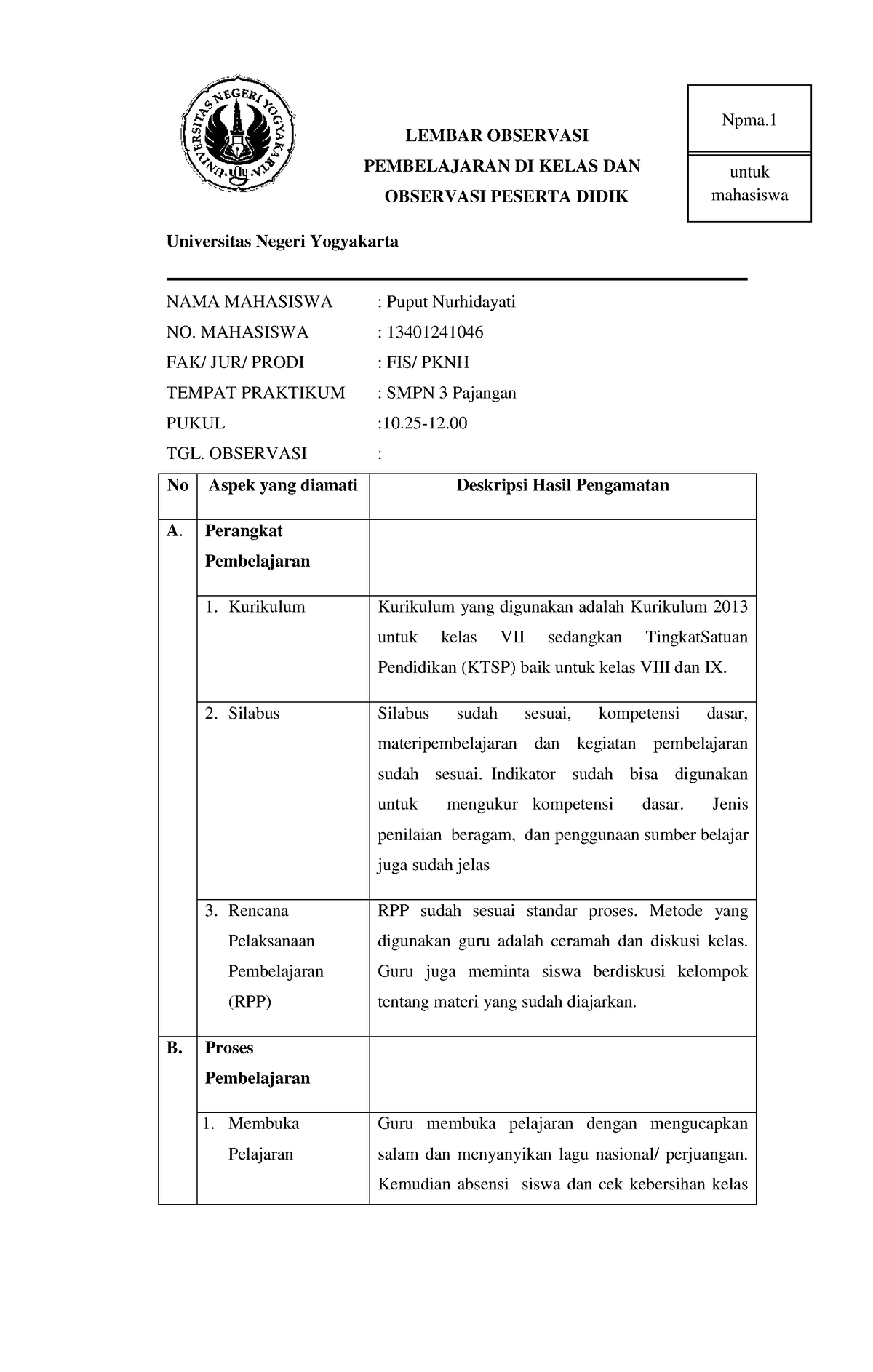 2. Lembar Observasi Pembelajaran - LEMBAR OBSERVASI PEMBELAJARAN DI ...