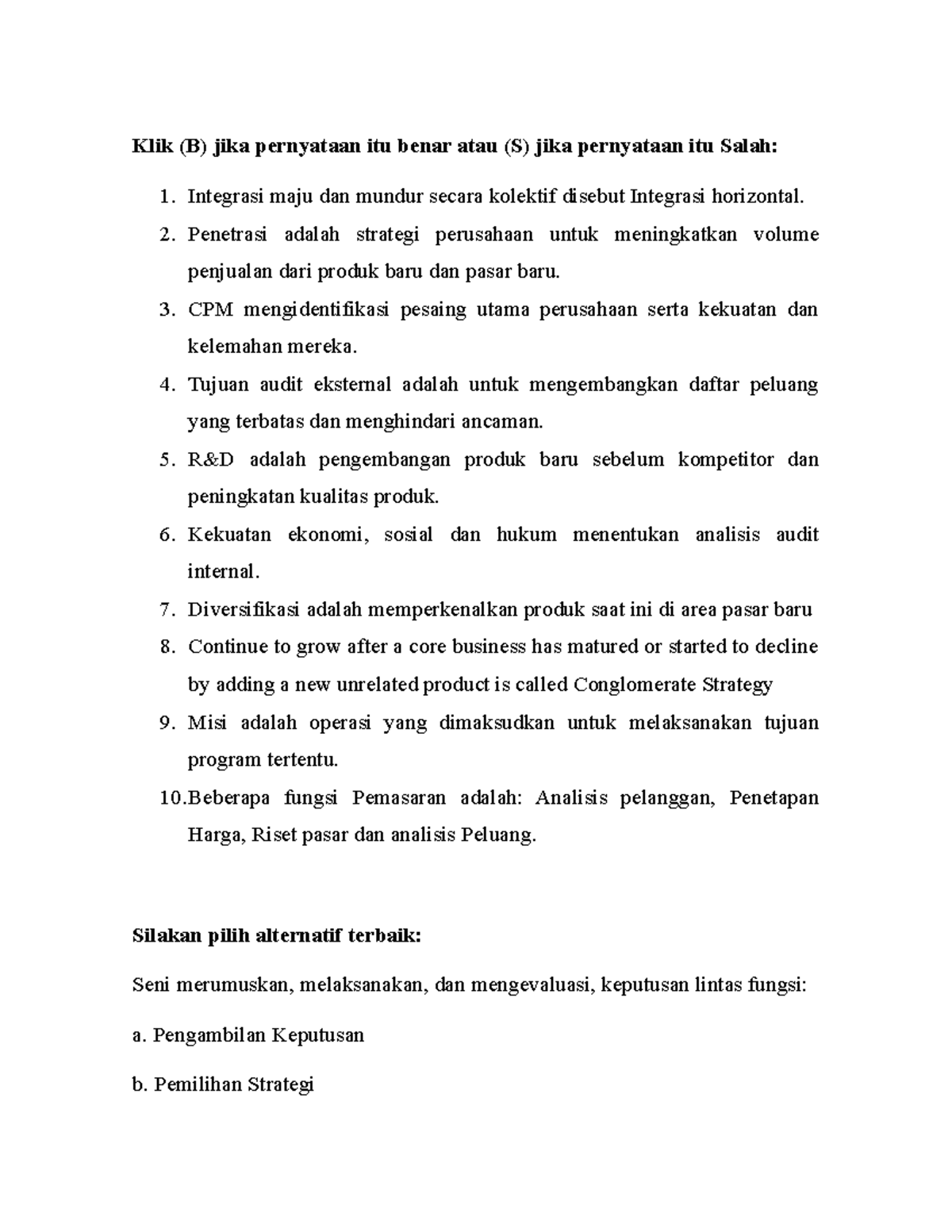 UTS Bahasa I - Managemen Strategis Model I - Klik (B) Jika Pernyataan ...