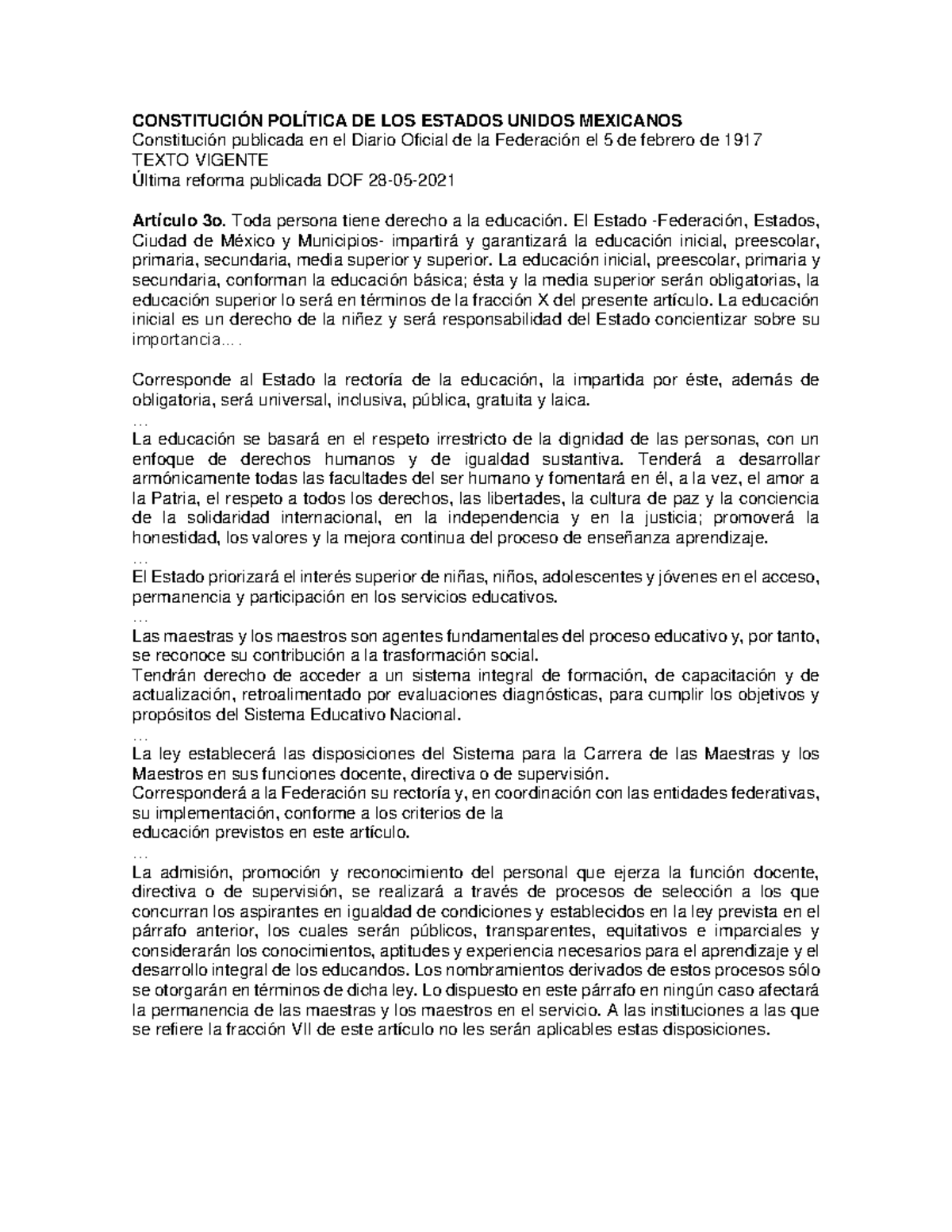 Constitucion Politica DE LOS Estados Unidos Mexicanos DOF 28 05 21 ...
