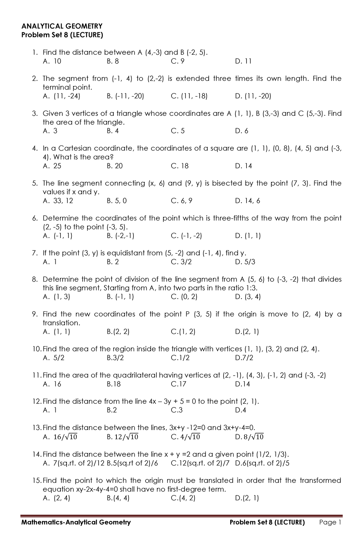 Analytical Geometry PS8( Lecture) ANALYTICAL GEOMETRY Problem Set 8